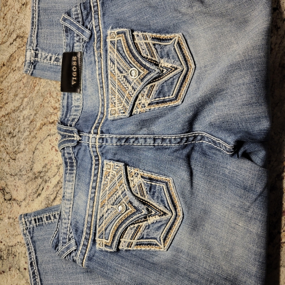 Vigoss Capri Crop Jeans Light Blue Rhinestone Diamond Buttons Size 14